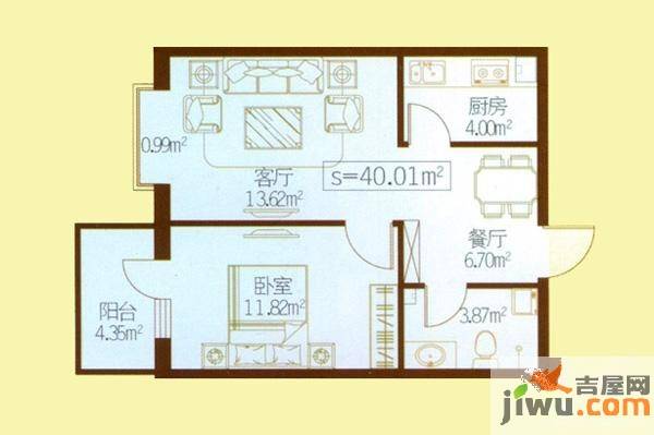 民生国际1室2厅1卫40㎡户型图