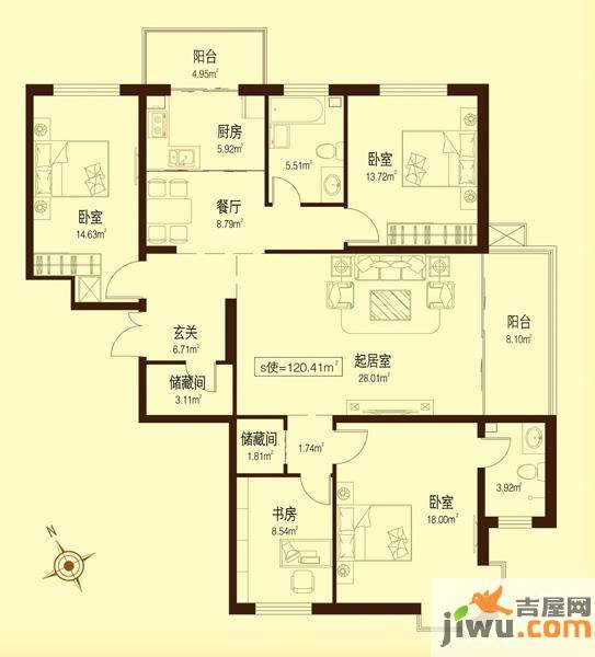 民生国际4室2厅2卫120.4㎡户型图