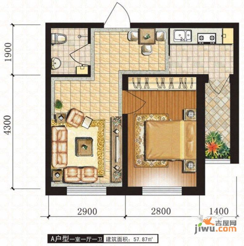 左岸人大之家1室1厅1卫57.9㎡户型图