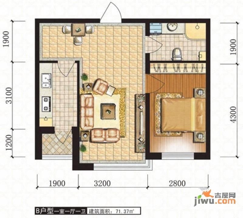 左岸人大之家1室1厅1卫71.4㎡户型图