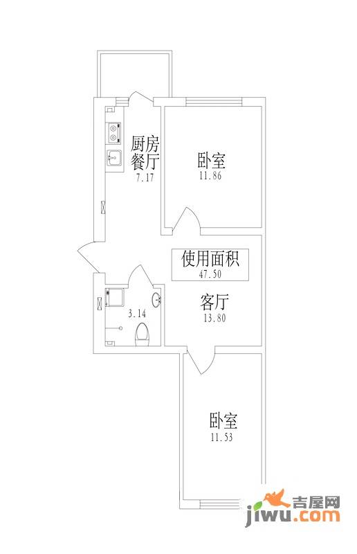 泰富长安城1室1厅1卫47.5㎡户型图