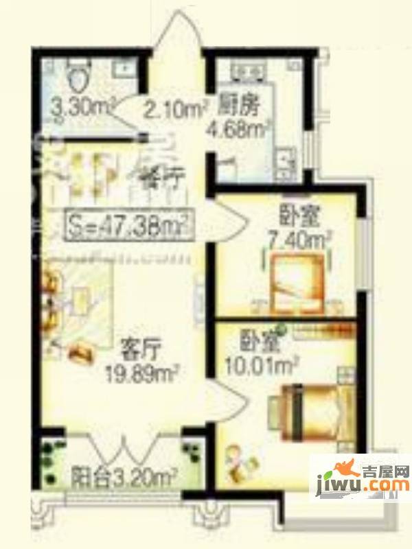 保利公园九号2室2厅1卫47.4㎡户型图