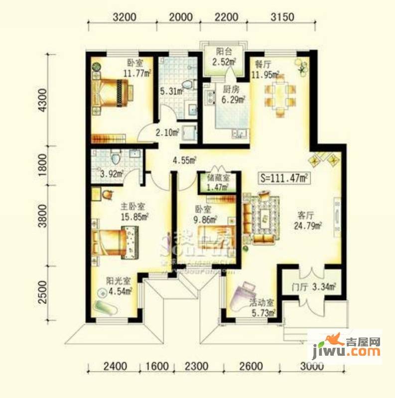 保利公园九号3室2厅2卫111.5㎡户型图