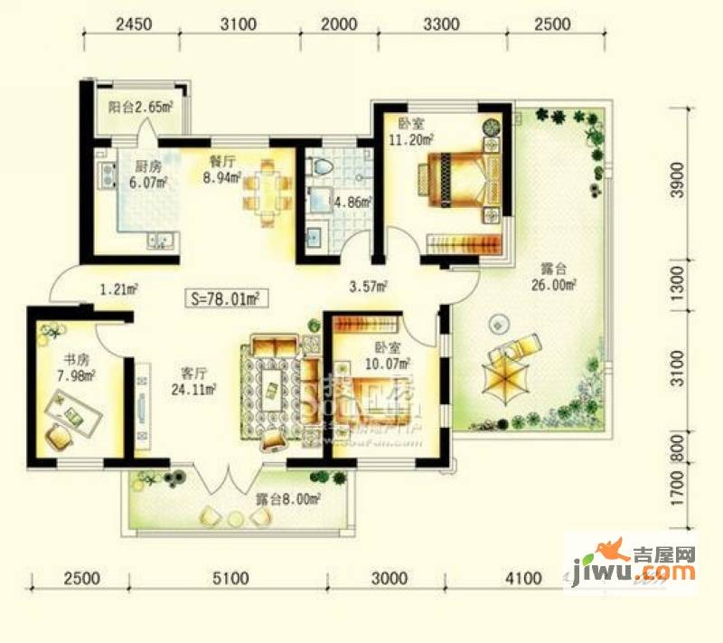 保利公园九号3室2厅1卫78㎡户型图