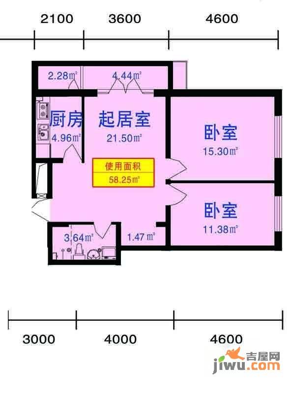 滨江逸品2室1厅1卫61.6㎡户型图