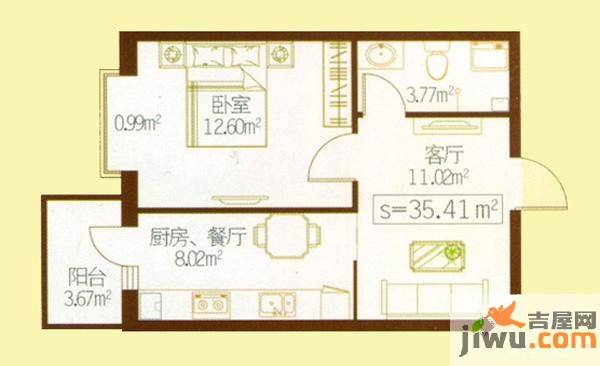 民生国际1室1厅1卫35.4㎡户型图