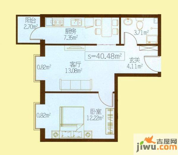 民生国际1室1厅1卫40.5㎡户型图