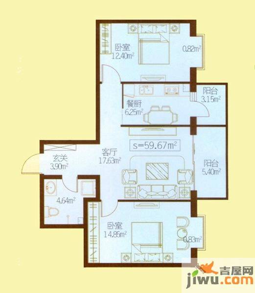 民生国际2室1厅1卫59.7㎡户型图