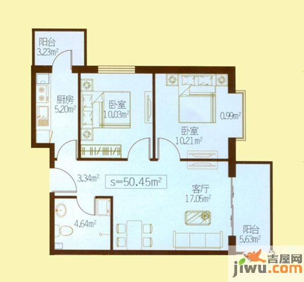 民生国际2室1厅1卫50.5㎡户型图