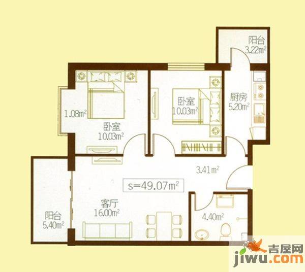 民生国际2室1厅1卫49.1㎡户型图