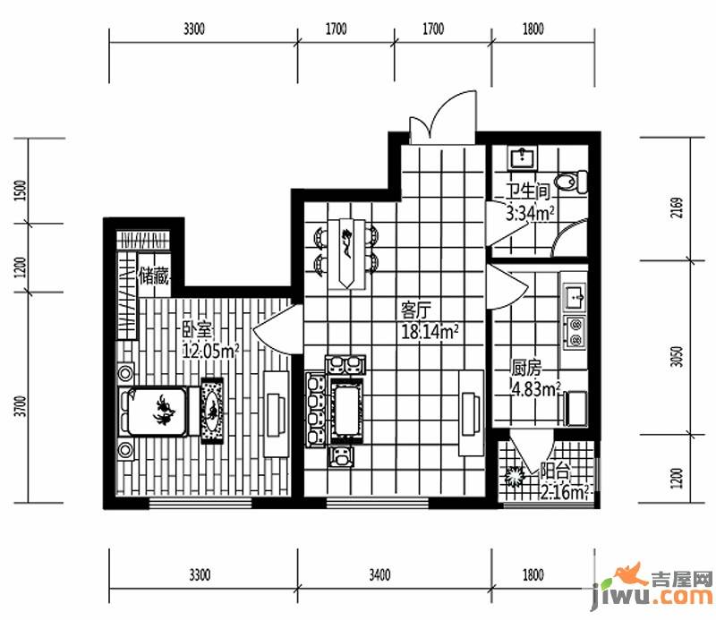 深蓝杰座1室1厅1卫38㎡户型图