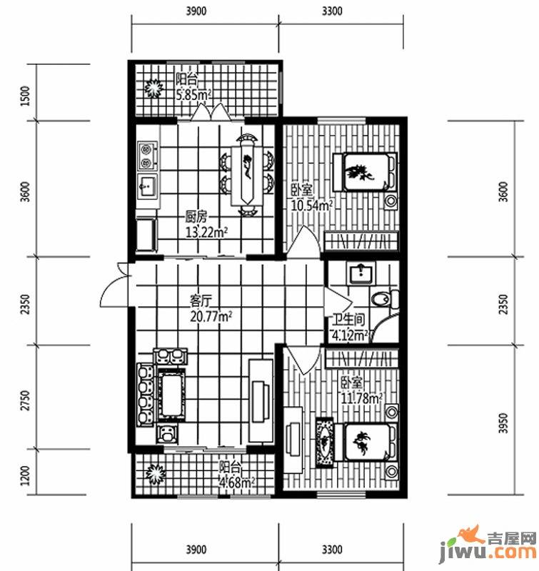 深蓝杰座2室1厅1卫70㎡户型图