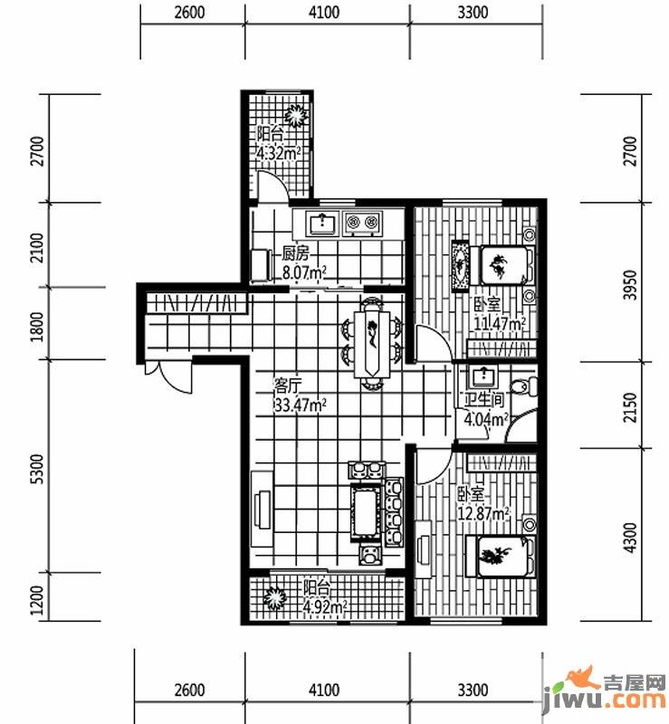 深蓝杰座2室1厅1卫69㎡户型图