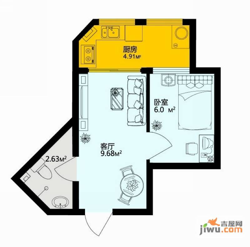 深蓝杰座1室1厅1卫23.5㎡户型图