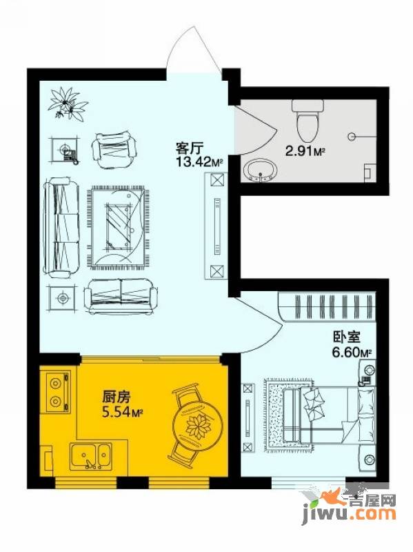 深蓝杰座2室1厅1卫28.6㎡户型图