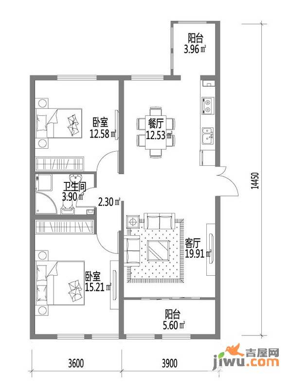 深蓝杰座2室1厅1卫户型图