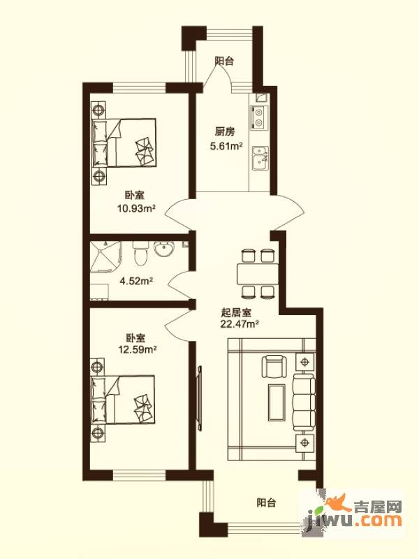 海富第五大道2室1厅1卫68.3㎡户型图