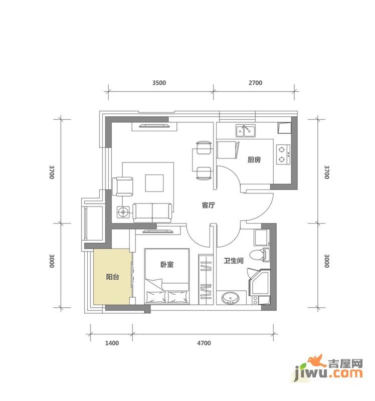 华润欢乐颂1室1厅1卫49.8㎡户型图