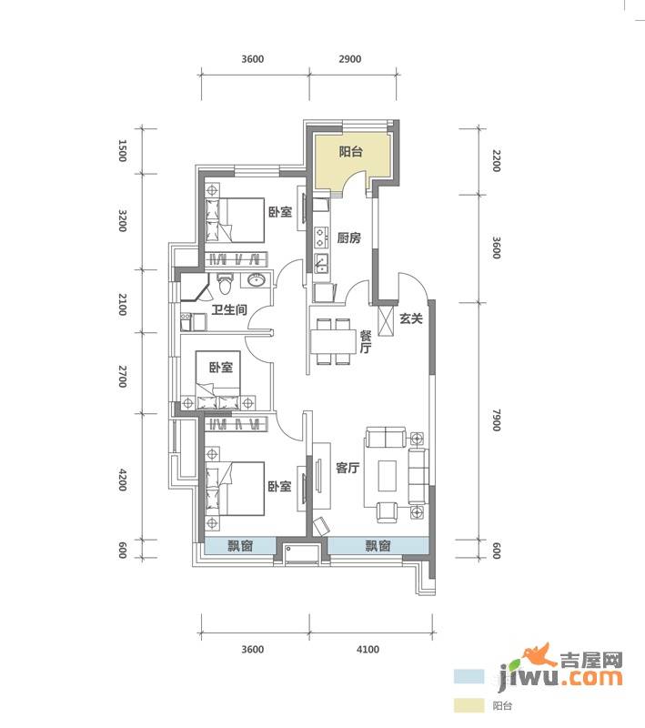 华润欢乐颂3室2厅1卫122.1㎡户型图