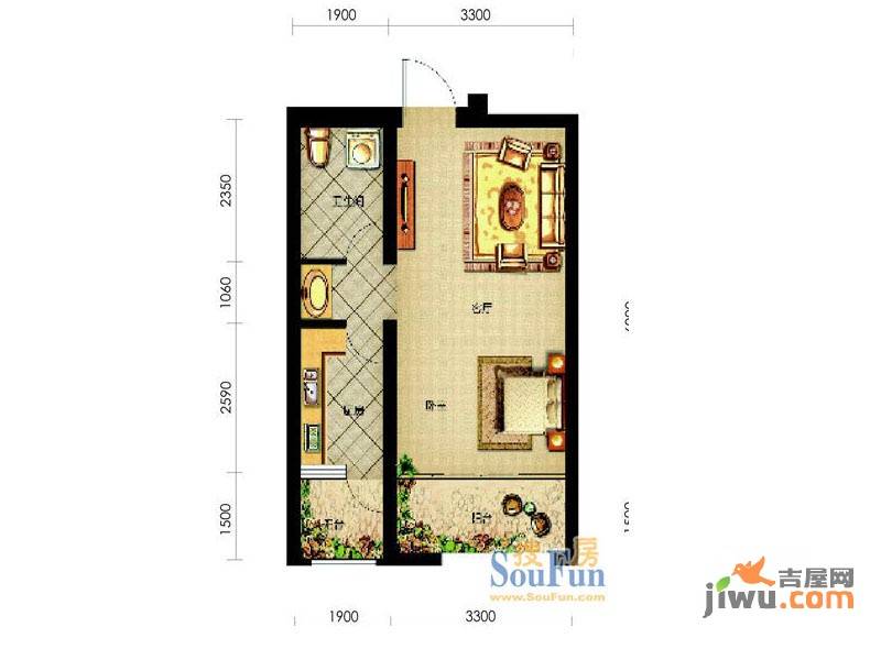 哈东城市公元1室1厅1卫48.2㎡户型图