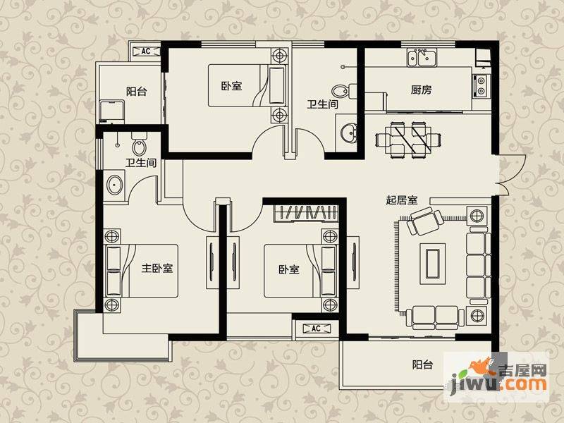 惠众西城一品3室2厅2卫118.6㎡户型图