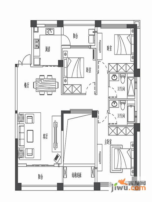 世欧上江城3室2厅2卫136㎡户型图