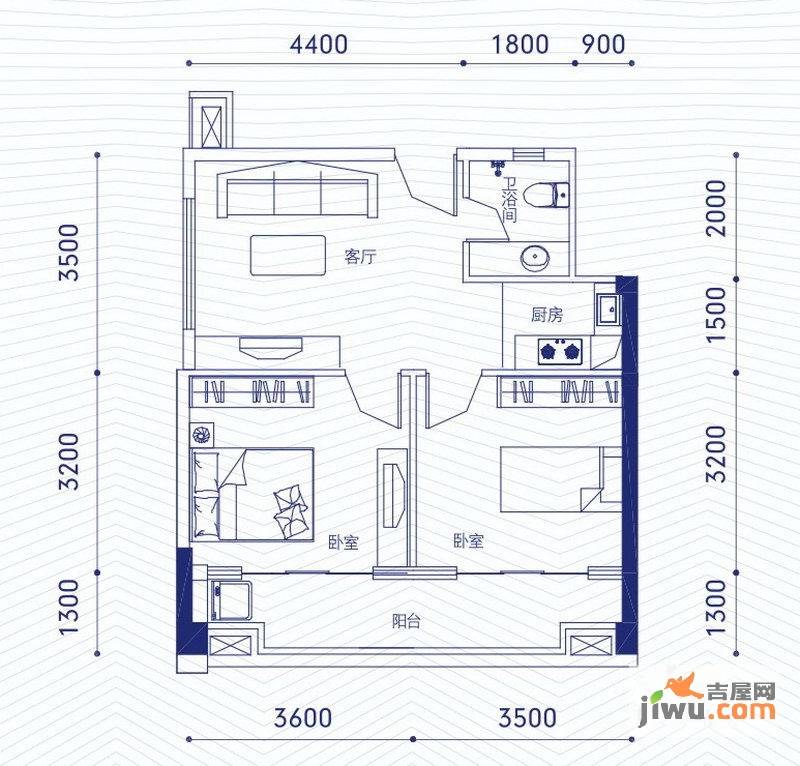 融昌邕江银座2室1厅1卫72.4㎡户型图