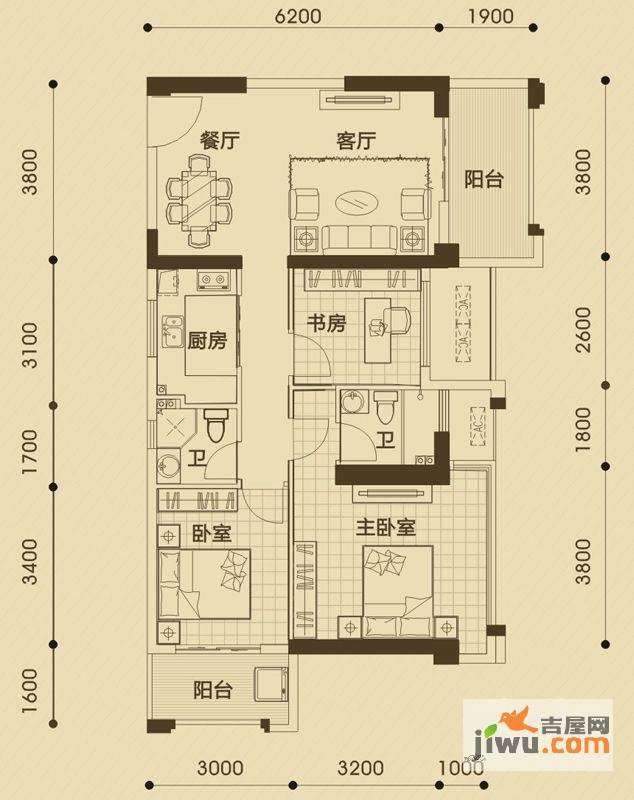 正恒国际广场3室2厅2卫94㎡户型图