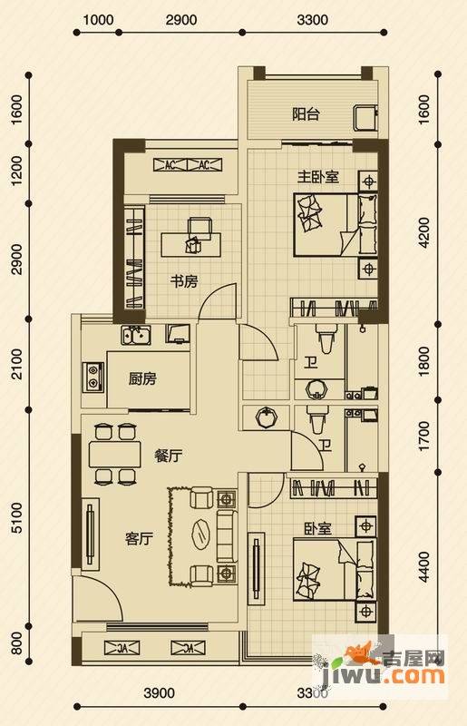 正恒国际广场2室2厅2卫83㎡户型图