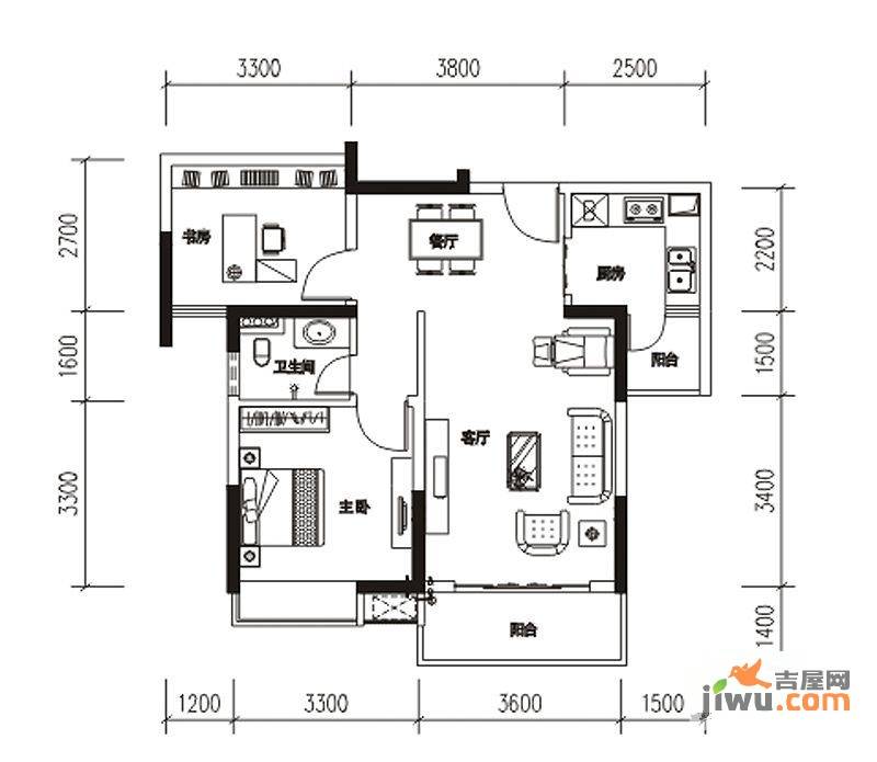 汉军龙江帝景2室2厅1卫77㎡户型图