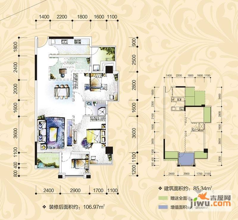 盛天果岭2室2厅1卫85.3㎡户型图