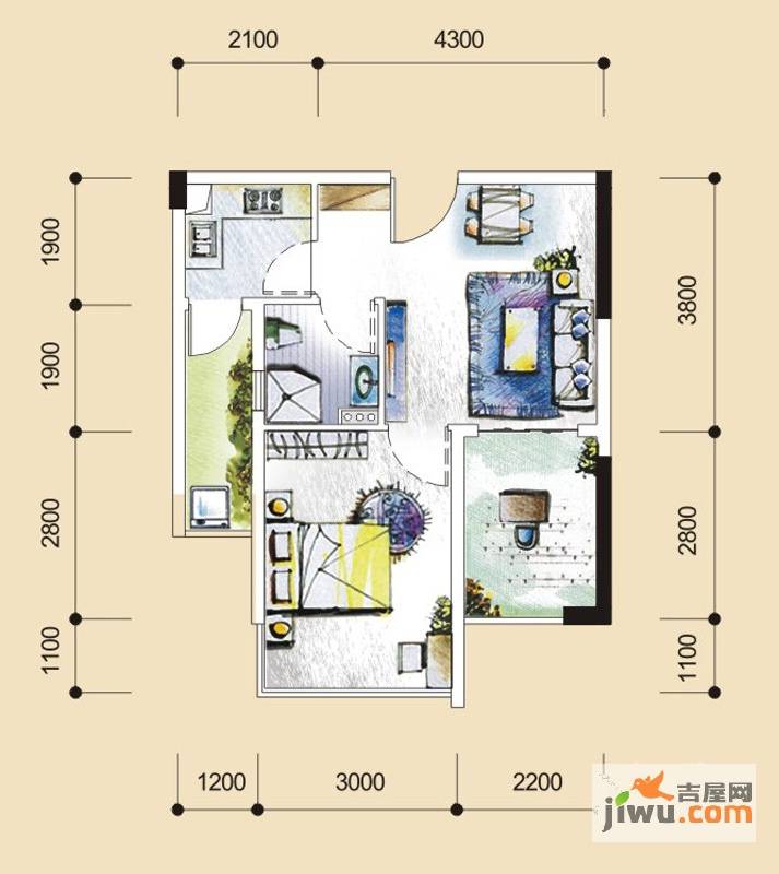 盛天果岭1室1厅1卫48.8㎡户型图