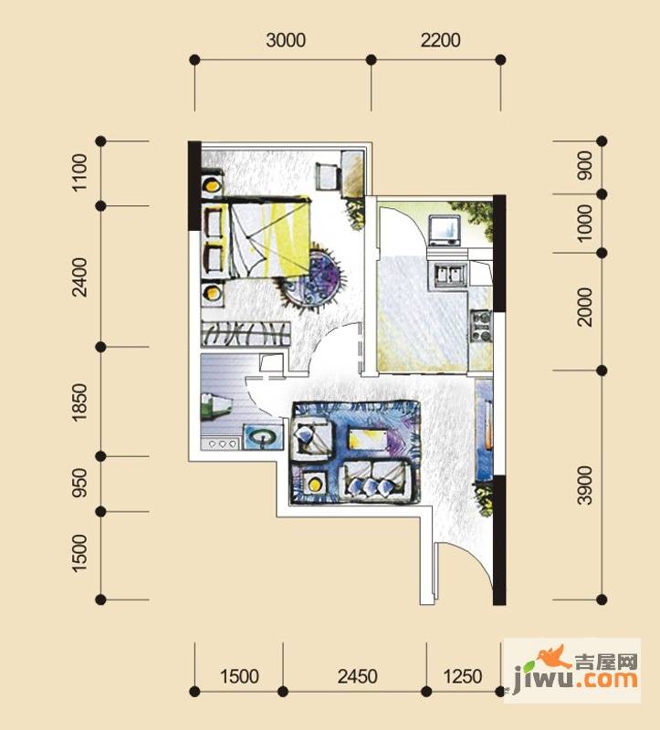 盛天果岭1室1厅1卫38.3㎡户型图