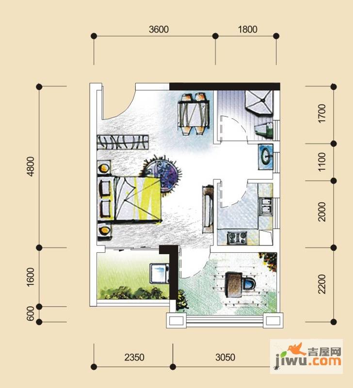 盛天果岭1室1厅1卫38.2㎡户型图