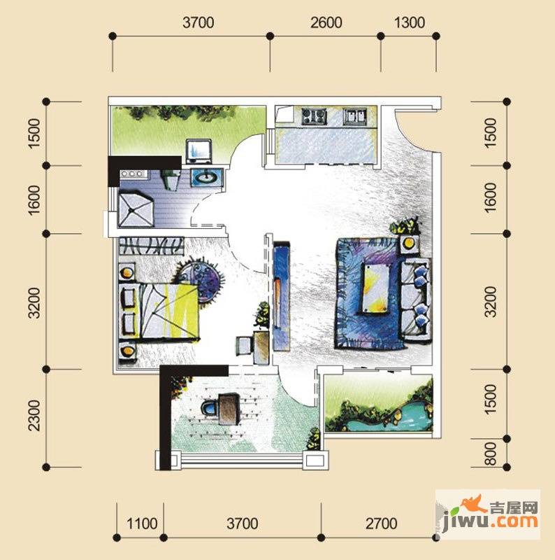 盛天果岭1室1厅1卫57㎡户型图