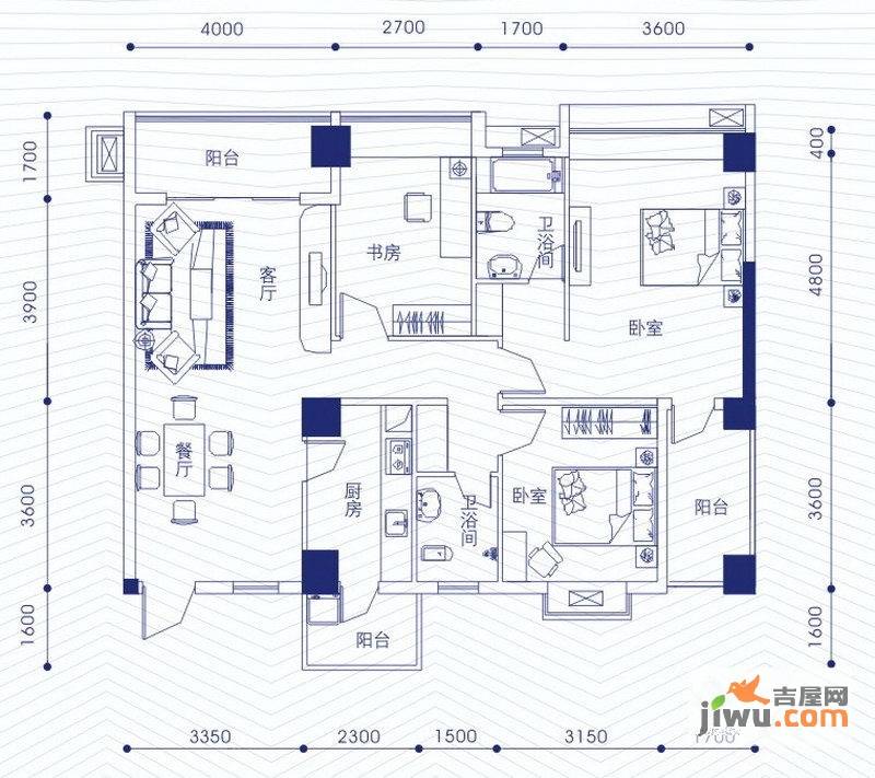 融昌邕江银座3室2厅2卫128.4㎡户型图