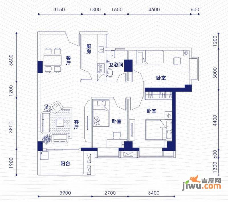 融昌邕江银座3室2厅1卫111㎡户型图