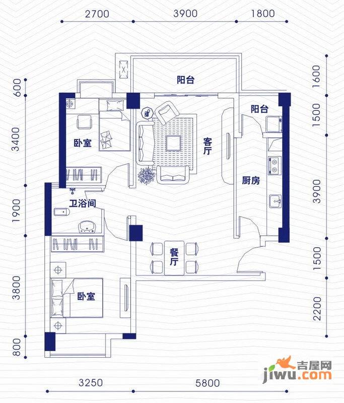 融昌邕江银座2室2厅1卫86.7㎡户型图