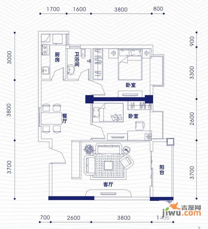 融昌邕江银座2室2厅1卫89.4㎡户型图