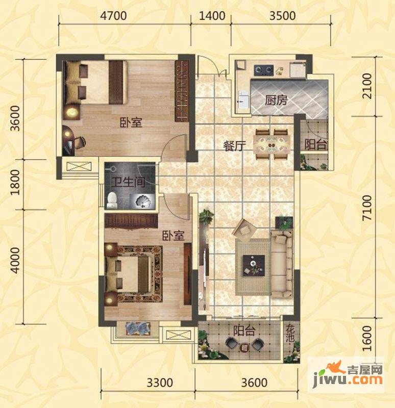 第一大道东方华府2室2厅1卫89.8㎡户型图