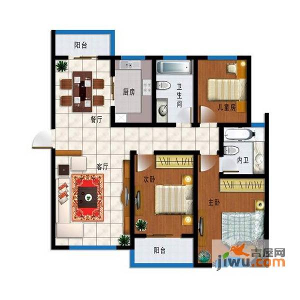 天山花园3室2厅2卫132㎡户型图