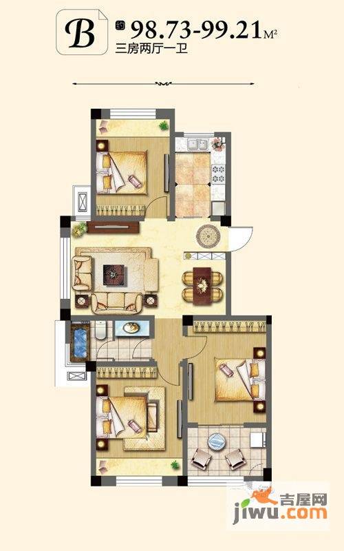 金色领寓3室2厅1卫100.3㎡户型图