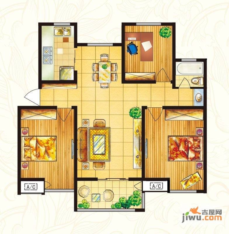 桃花源3室2厅1卫129.8㎡户型图