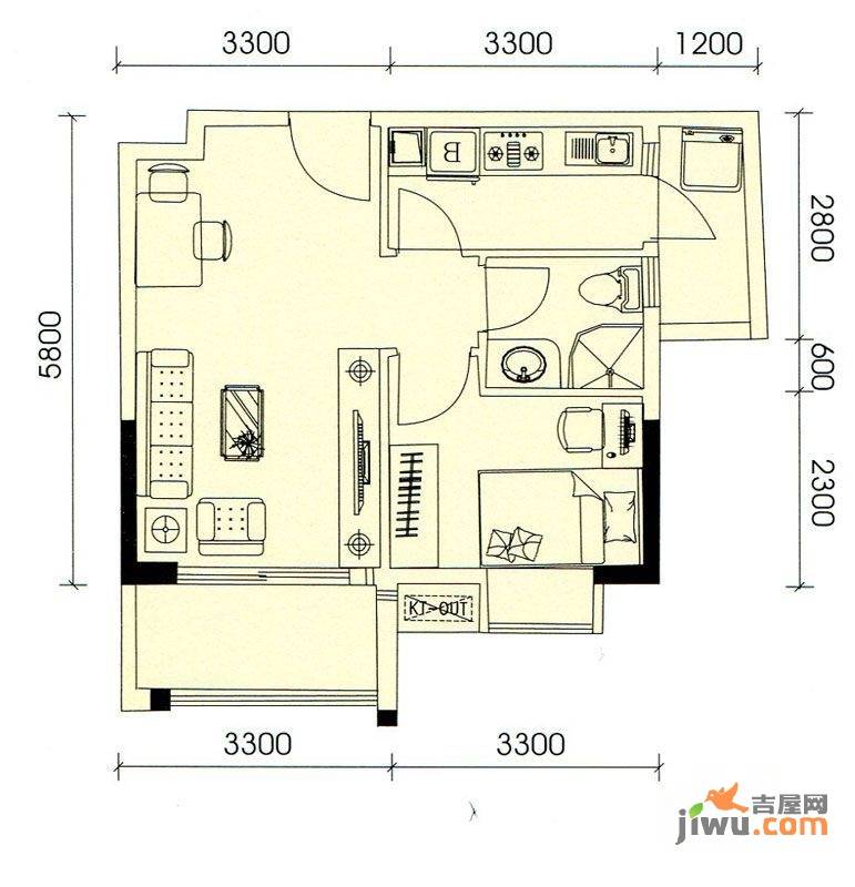 盛天龙湾1室2厅1卫55㎡户型图