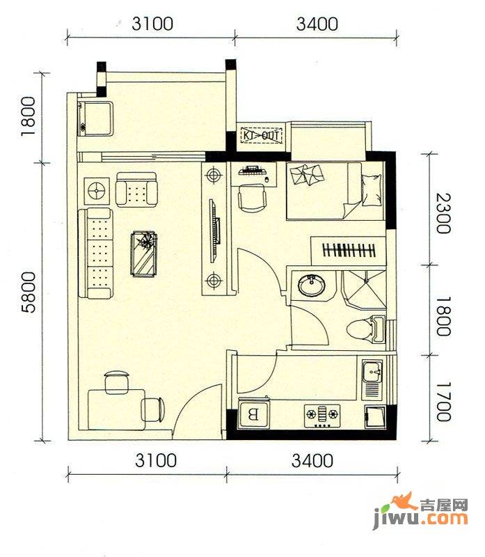 盛天龙湾1室2厅1卫49.8㎡户型图