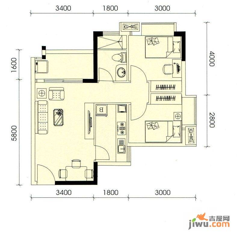 盛天龙湾2室2厅1卫68.5㎡户型图