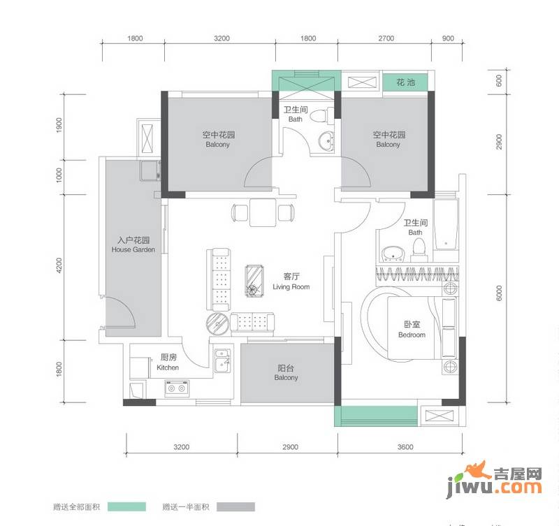 招商花园城二期1室1厅2卫89㎡户型图