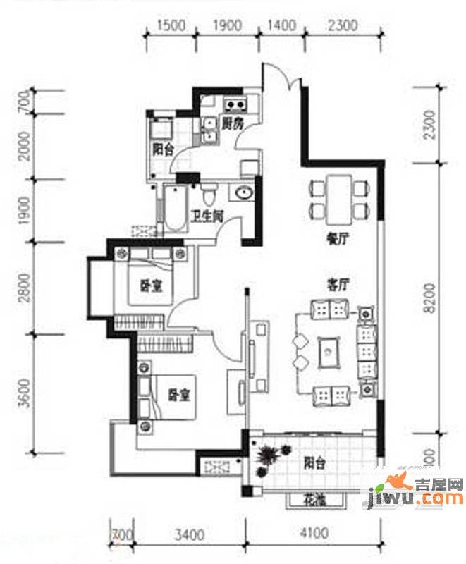 龙光海悦城邦2室2厅1卫89㎡户型图