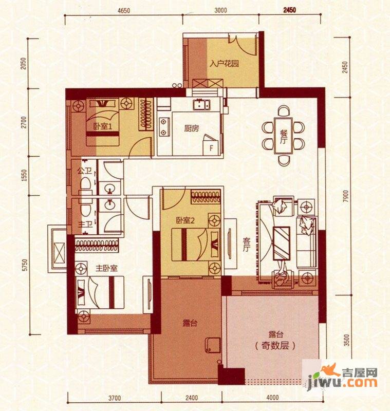 御景国际3室2厅2卫91.1㎡户型图