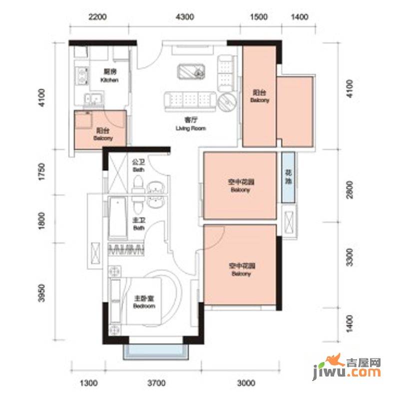 招商花园城二期1室1厅2卫89㎡户型图